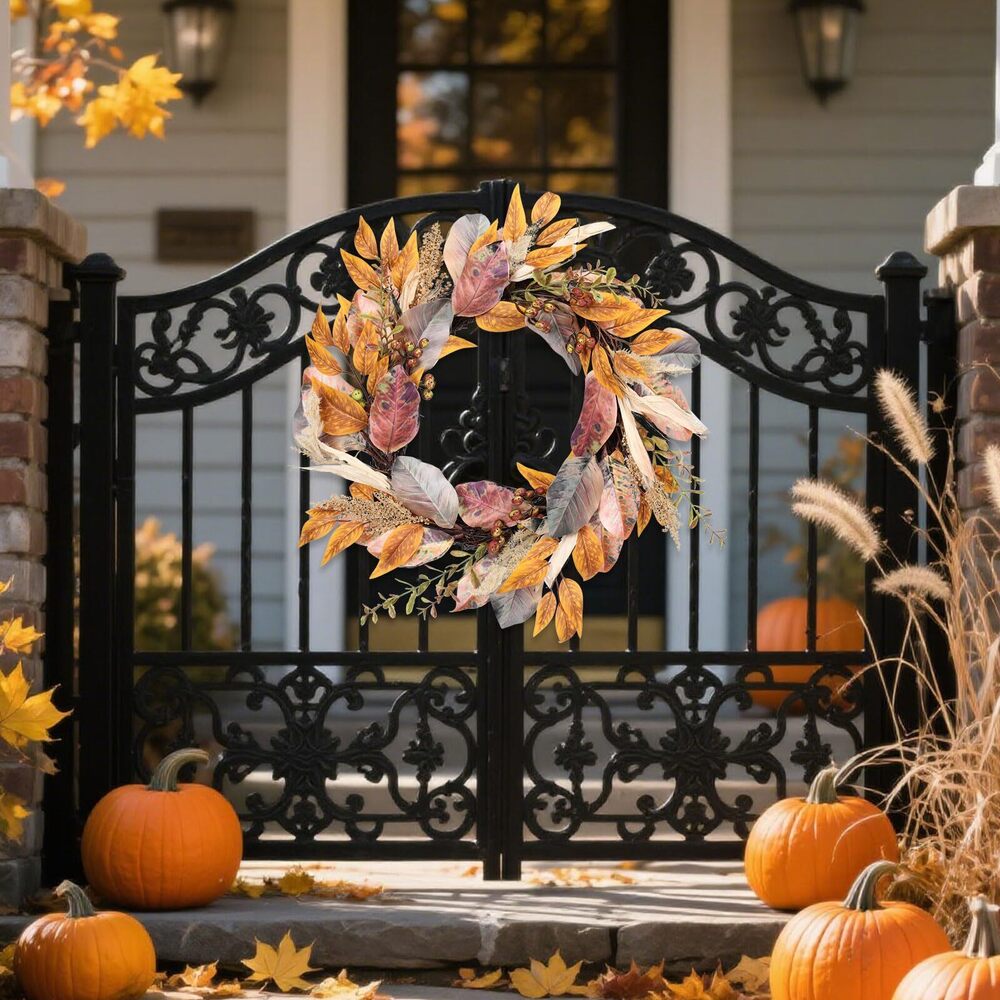 1338 20 Inch Fall Wreath Autumn Harvest Front Door Wreath with Leaves - Picture 7 of 8